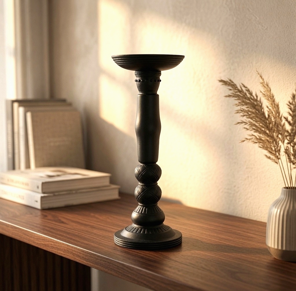 Black Ceramic Pillar Candle Holder Turned Column Design 10in VG Elegant